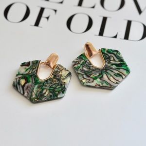 Green Acrylic Swirl Hexagon Earrings Artisan Gem
